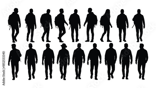 Collection of various human figures in walking poses showcasing different body types a dark silhouette