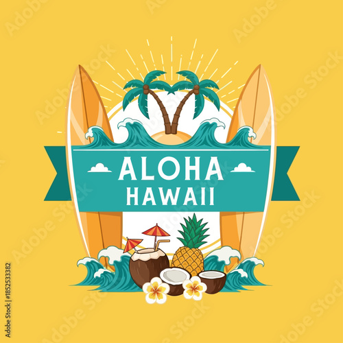 Tropical Hawaiian Vacation Emblem with Surfboards and Palm Trees