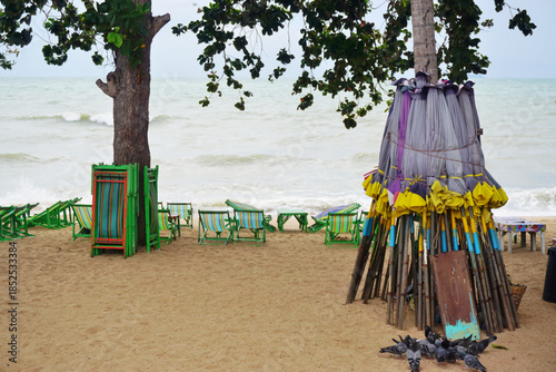 Beach chair and a group of umbrellas leaning against a tree