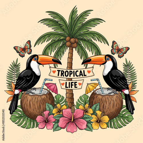 Vibrant Tropical Paradise Scene Toucans Coconuts Palm Tree Butterflies and Hibiscus Flowers Illustrate Exotic Tropical Life