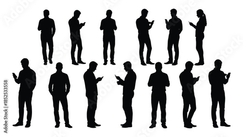 A collection of black silhouettes depicting people in various casual poses and interactions silhouette