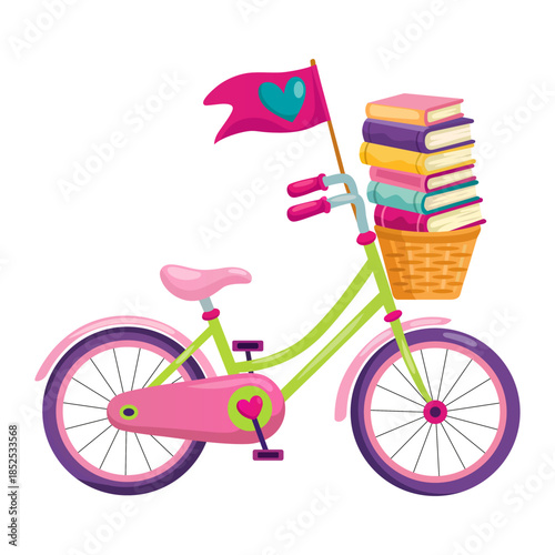 A charming green bicycle carrying books and a heart shaped flag illustration