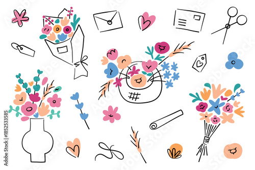 Flat cartoon vector illustration set of bouquets and flowers in vases with florist tools, scissors, ties, envelopes and cards, flower shop theme, romantic Valentine mood for greetings and gift designs