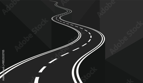 A winding white road stretches into the darkness contrasted against a sharply angled black background creating a dramatic and perspective illusion