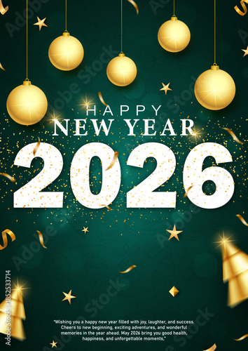 Happy New Year 2026 festive celebration poster with golden ornaments, Elegant 2026 greeting card design with blue and gold holiday elements, Modern 2026 New Year banner with golden typography 