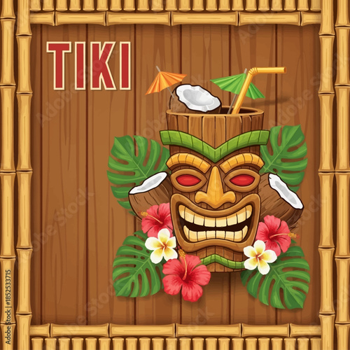 Vibrant Tiki Mask Cocktail with Tropical Elements Coconut and Exotic Flowers Summer Vacation Fun