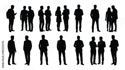 Diverse group of people in various poses standing together represented as a silhouette