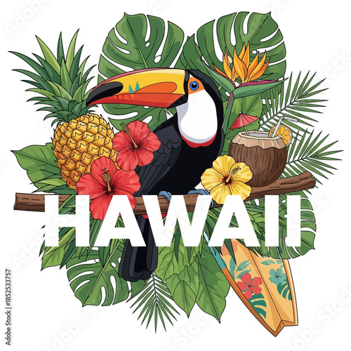 Vibrant Hawaiian Paradise Toucan Bird Tropical Flowers Pineapple Coconut Drink Surfboards and Lush Foliage Illustration with HAWAII Text
