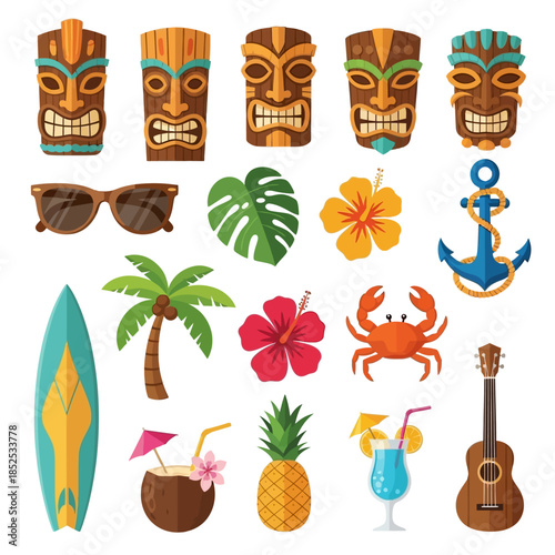 Vibrant Tropical Summer Vacation Icons Tiki Masks Surfboard Palm Tree Pineapple Cocktails Sunglasses Anchor Crab Hawaii Paradise Beach Holiday Design Elements