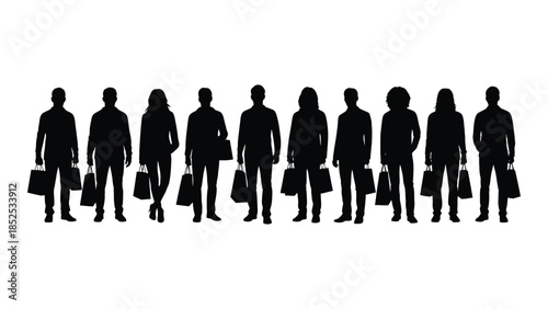 A line of people carrying shopping bags depicted in a striking black silhouette