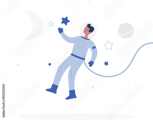 Astronaut in light blue spacesuit floating in space with stars and planets desi