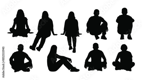 Diverse group of people in various relaxed poses a striking black silhouette