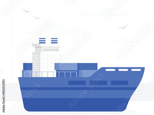 Blue cargo ship with containers on deck and seagulls flying overhead blue ship ocean