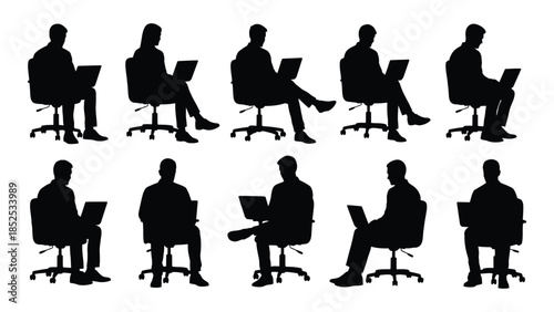 Diverse group of people working on laptops in office chairs a striking silhouette