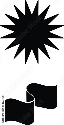 Monochrome silhouette graphic of a spiky star and a flowing ribbon banner element on white background Vector