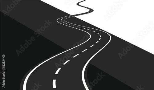 A winding road dramatically cuts across a stark black and white composition symbolizing journey and the contrasting paths of life