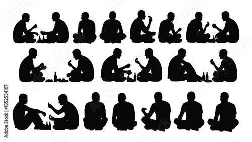 A collection of black silhouettes depicting people in various seated and resting poses silhouette