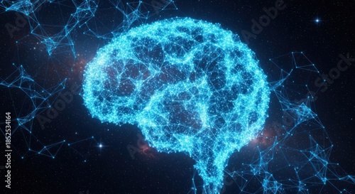 Abstract glowing blue digital brain network illustration.