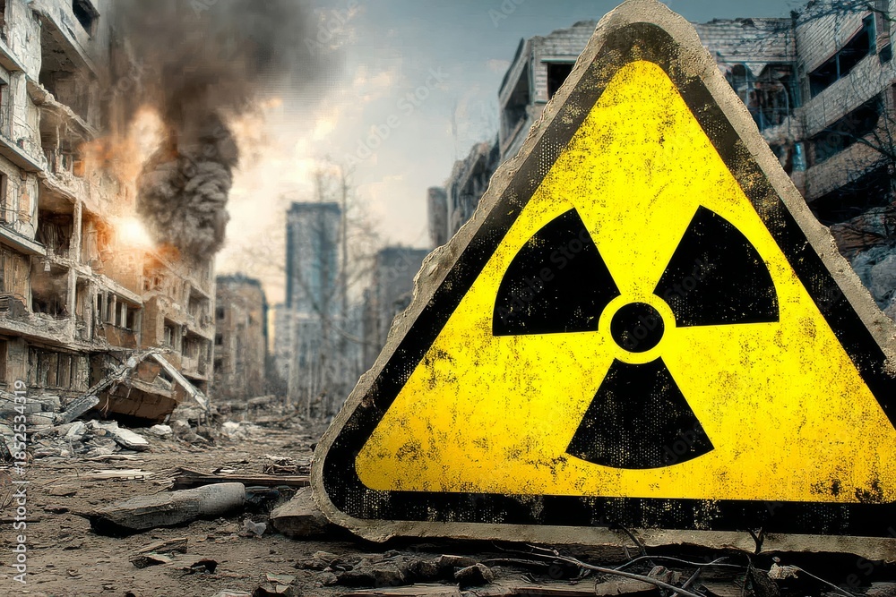 Fototapeta premium Warning sign indicating radiation danger at a devastated site.