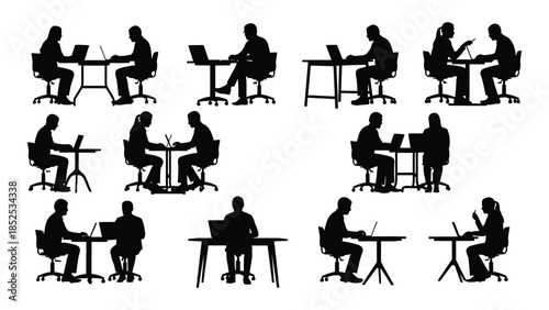 Diverse people working on laptops in various postures a collection of black silhouettes