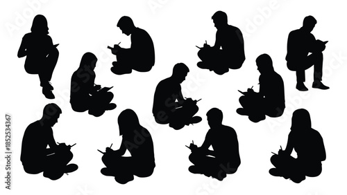 Diverse group of people in various poses captured as dramatic black shapes silhouette