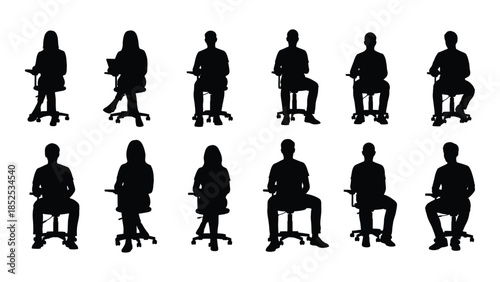 A collection of seated people in various poses displayed as a dark silhouette