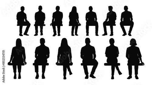 Diverse group of people sitting in various poses displayed as a striking black silhouette