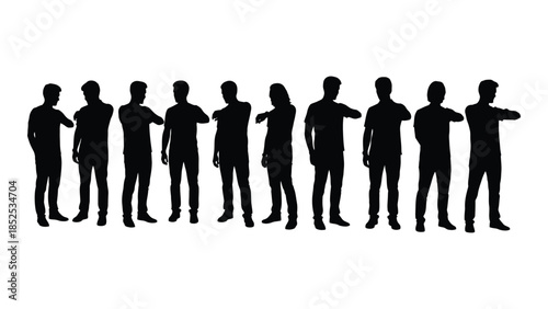 A line of people in various poses captured as a striking black and white silhouette