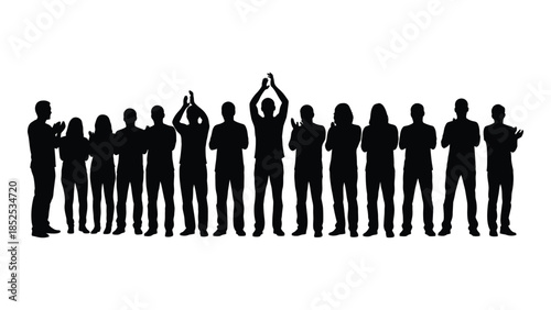 A line of people in black with one raising their arms in celebration silhouette