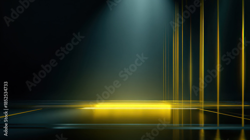 Futuristic dark room with glowing yellow lines and reflective floor creating modern, high tech atmosphere with sleek geometric design