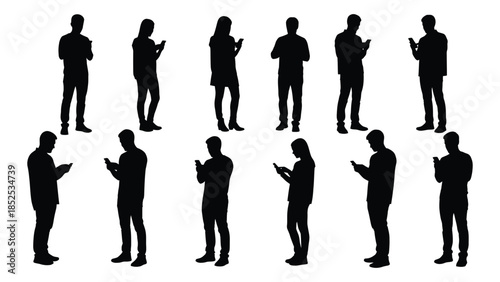 A group of people in various poses depicted as a stark black silhouette