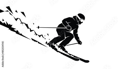 A dynamic illustration depicts a skier in motion swiftly descending a snow covered mountain slope with visible speed and agility