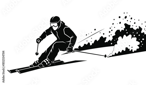 A dynamic black and white illustration depicts a skier in motion navigating a snowy slope with speed and precision showcasing winter sports