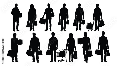 A collection of black silhouettes depicting people carrying shopping bags and carts silhouette