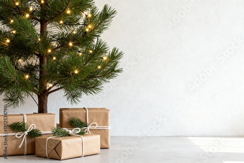 Holiday gifts tree present white wrapped arrangement