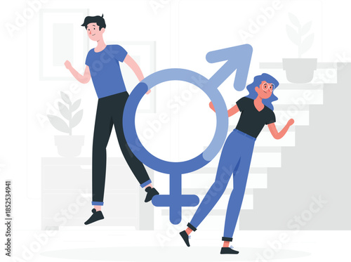 Man and woman holding large gender equality symbol blue black desi