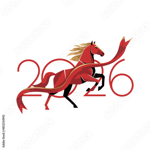 Stylized red horse jumping through 2026 numbers with long flowing ribbons for modern Lunar New Year celebration and corporate identity graphic design