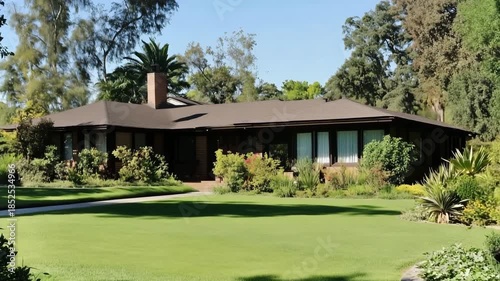 A single-story traditional ranch house with a brown roof surrounded by lush greenery.