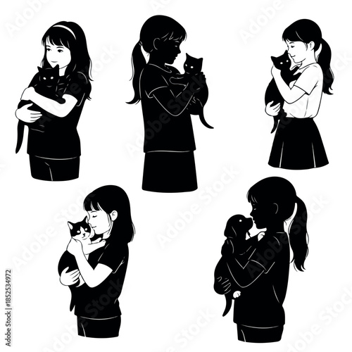 Collection of illustrations featuring young girls affectionately holding their beloved pets showcasing the bond between children and animals.