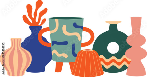 Abstract organic shapes and stylized ceramic vases in pastel and deep colors vector