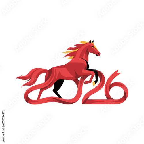 Dynamic red horse jumping over stylized 2026 text with flowing silk ribbons for modern Chinese Lunar New Year festival and branding graphic