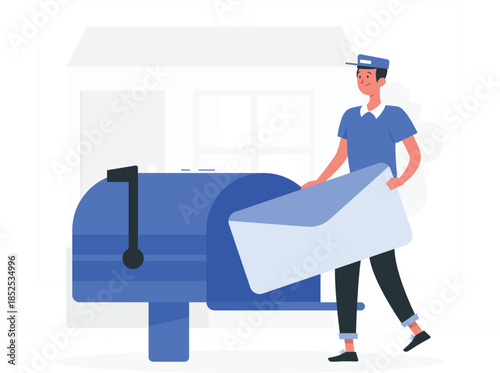 Man delivering package to blue mailbox delivery des