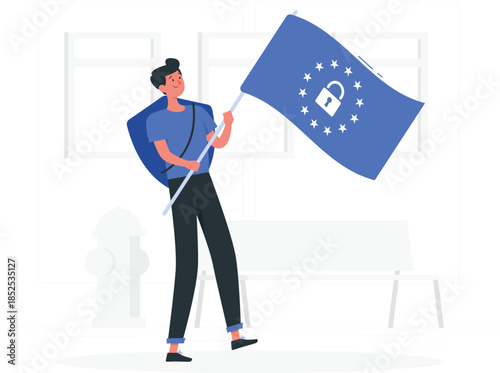 Man holding blue flag with white lock and stars des