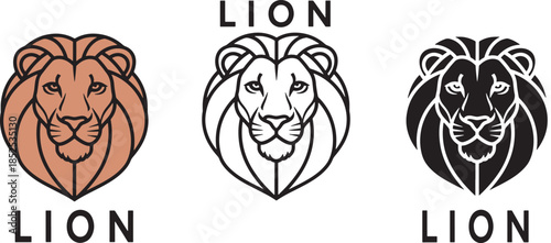 Stylized Lion Head Logo Set Vector Illustration Black Line and Flat Design