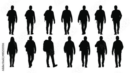 a collection of walking people in diverse poses presented as a black silhouette