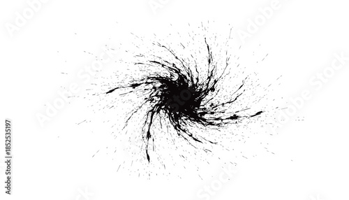 Artistic black ink splash and brush stroke explosion in circular motion representing calligraphy style and dynamic energy for oriental design projects