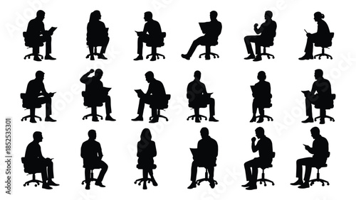 Diverse collection of people sitting in chairs showcasing various poses and actions silhouette
