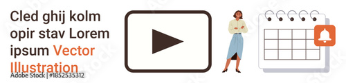 Media playback, task scheduling, reminders, productivity tools, content planning, digital notifications. A play button, woman standing and calendar with notification bell. Media and task scheduling