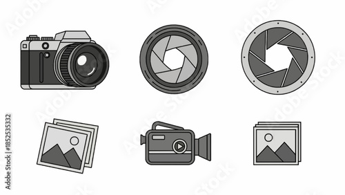 Photo and video icon set. Icons of photography, image, photo gallery, video camera and photo camera. Diaphragm icon. image, photo gallery Vector illustration