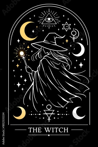 A mystical tarot card illustration featuring a cloaked witch surrounded by celestial and occult symbols.